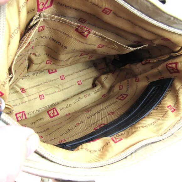 Stone Mountain Beige & Black Double Handle Multi Zip Pockets Leather Handbag - Picture 10 of 11